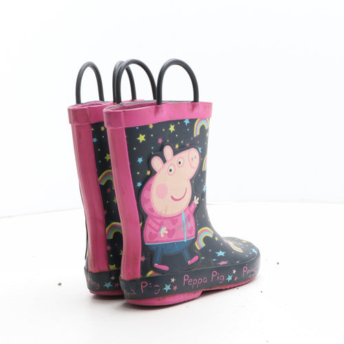 Peppa Pig Girls Black Geometric Synthetic Wellies Boot UK 8 - Star Rainbow Pattern