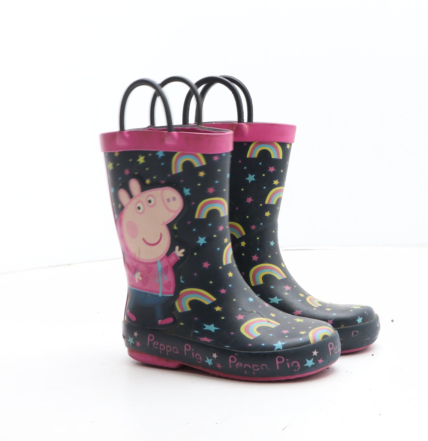 Peppa Pig Girls Black Geometric Synthetic Wellies Boot UK 8 - Star Rainbow Pattern