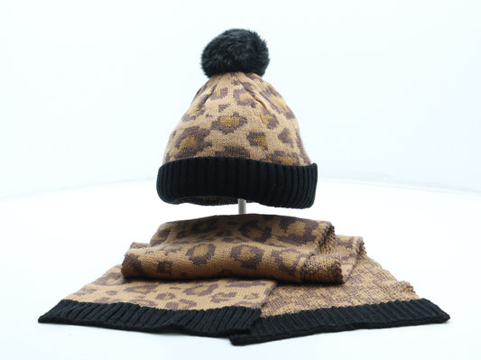 Thread Girls Girls Brown Animal Print Acrylic Bobble Hat One Size - Leopard Pattern Matching Scarf. Size 5-9 years