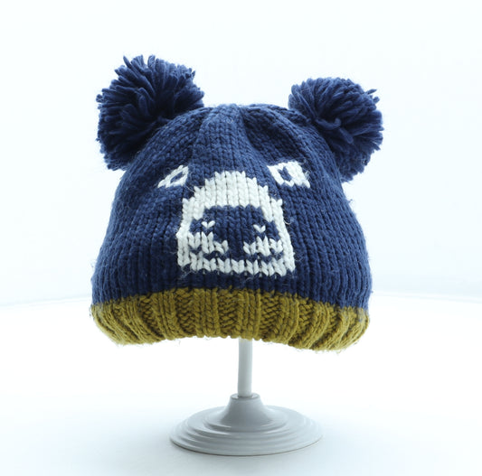 Marks and Spencer Boys Blue Colourblock Acrylic Bobble Hat Size S - Size 3-6 Years Bear Detail