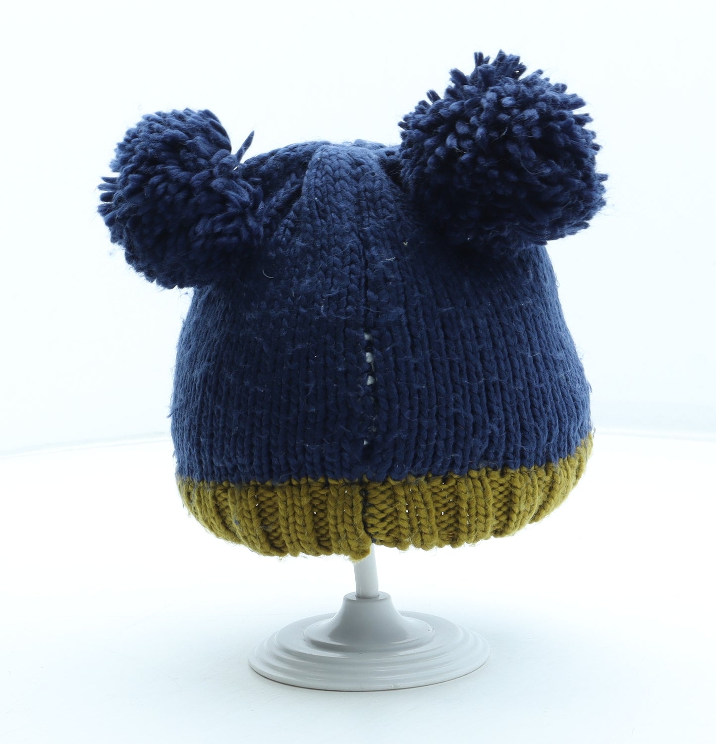 Marks and Spencer Boys Blue Colourblock Acrylic Bobble Hat Size S - Size 3-6 Years Bear Detail