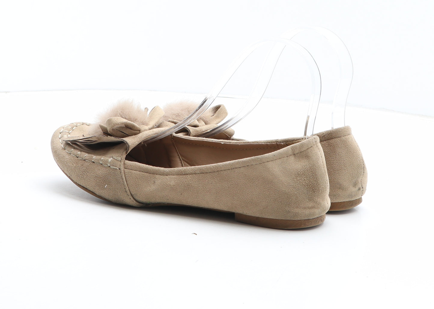 Preworn Womens Beige Synthetic Moccasin Flat UK - Pom Pom Detail