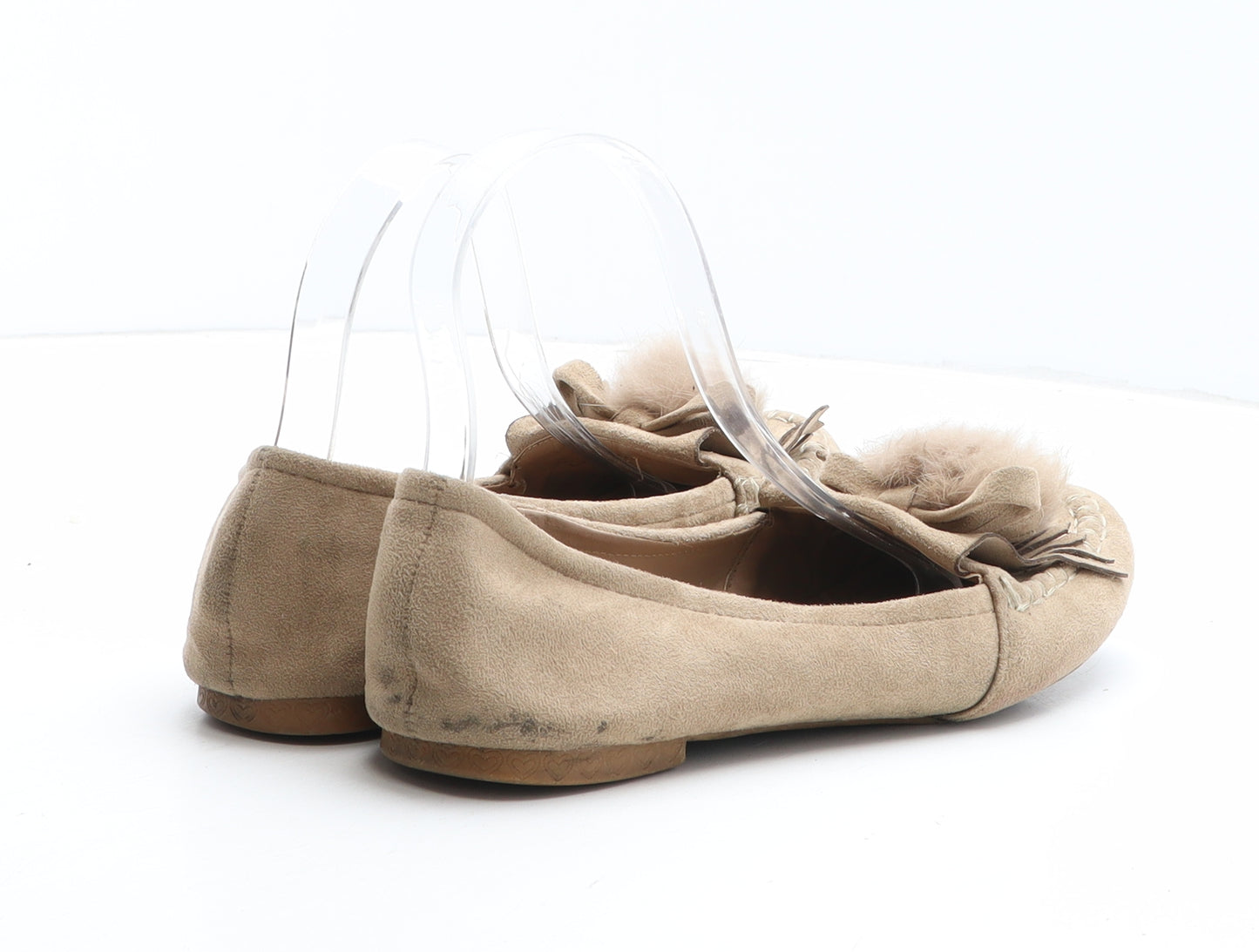 Preworn Womens Beige Synthetic Moccasin Flat UK - Pom Pom Detail