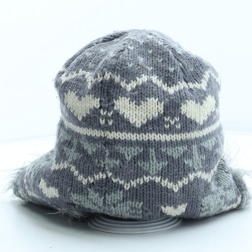 Preworn Womens Grey Fair Isle Acrylic Trapper Hat One Size