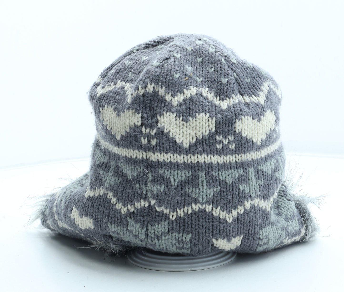 Preworn Womens Grey Fair Isle Acrylic Trapper Hat One Size
