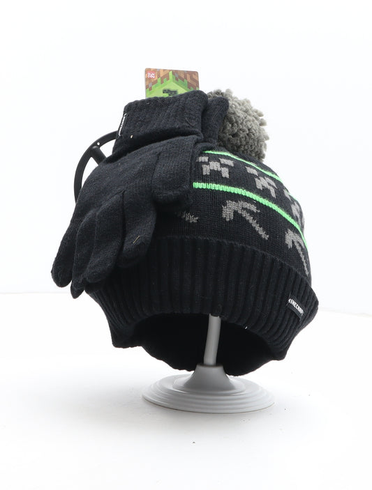 Marks and Spencer Boys Black Geometric Viscose Bobble Hat One Size - Minecraft Gloves Included