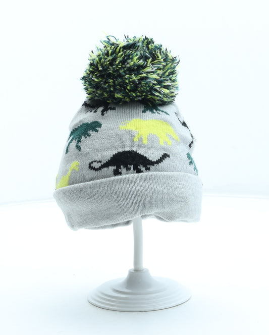 F&F Boys Grey Geometric Acrylic Bobble Hat Size S - Dinosaur Pattern Size 3-6 Months