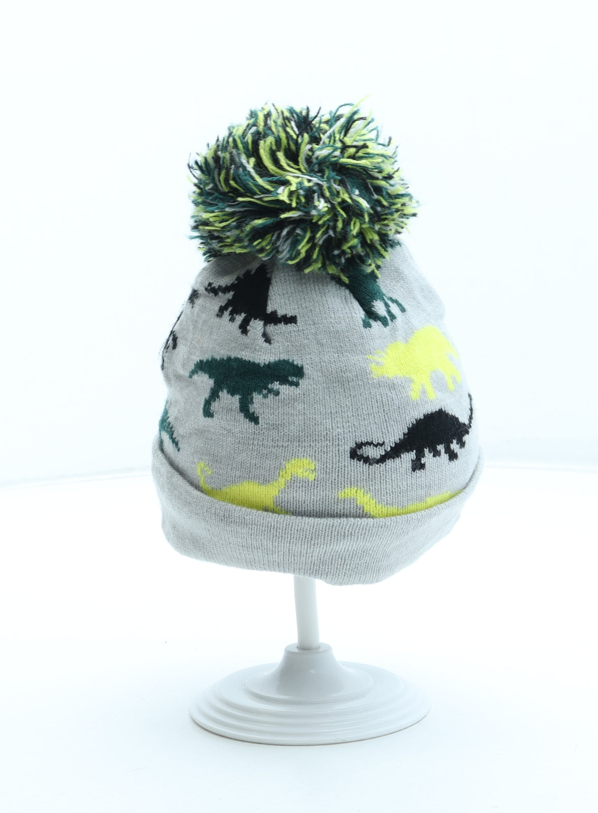 F&F Boys Grey Geometric Acrylic Bobble Hat Size S - Dinosaur Pattern Size 3-6 Months