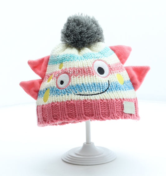 Blade & Rose Girls Multicoloured Striped Acrylic Bobble Hat Size S - Monster Detail Size 1-2 Years