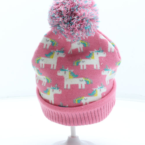 Hawkins Girls Pink Geometric Acrylic Bobble Hat Size S - Unicorn Pattern