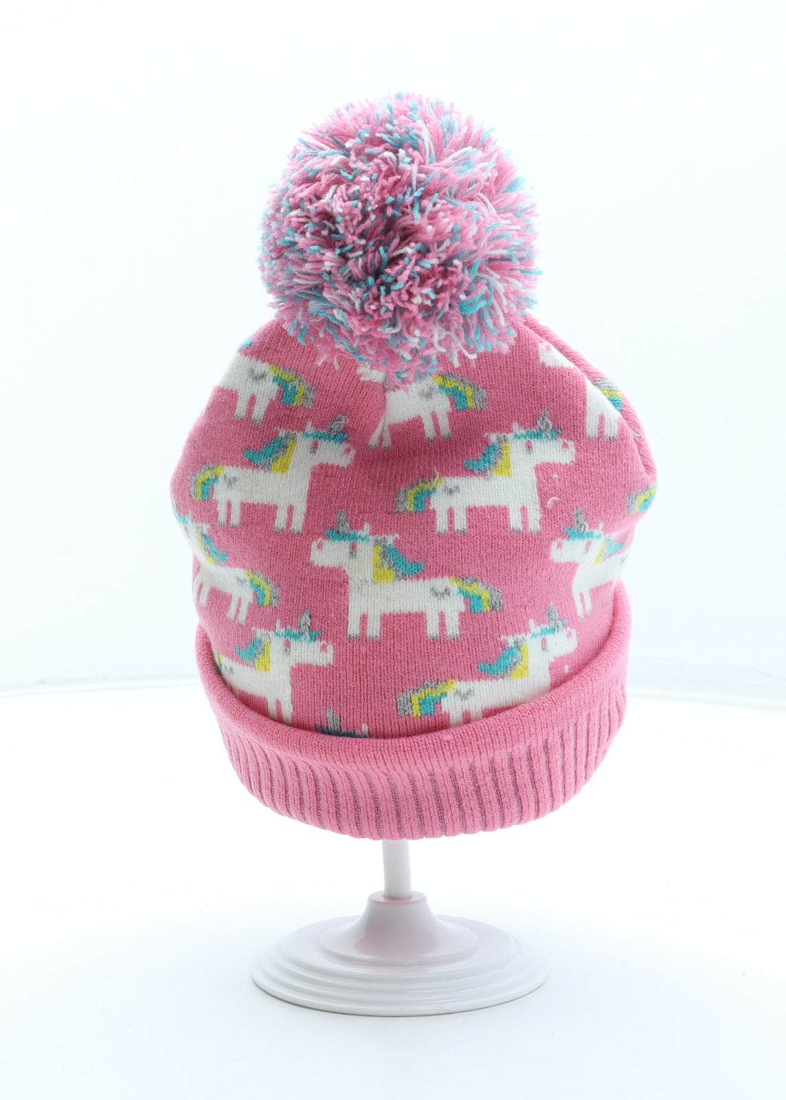 Hawkins Girls Pink Geometric Acrylic Bobble Hat Size S - Unicorn Pattern