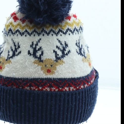 F&F Boys Multicoloured Fair Isle Acrylic Bobble Hat Size S - Reindeer Pattern Size 7-10 Years