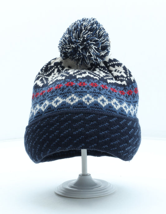 Marks and Spencer Womens Blue Fair Isle Acrylic Bobble Hat Size S - Size S-M