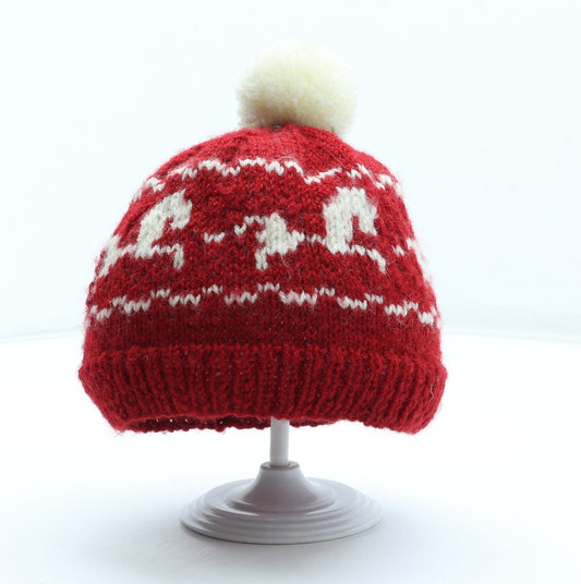 Preworn Boys Red Geometric Wool Bobble Hat One Size - Horse Pattern