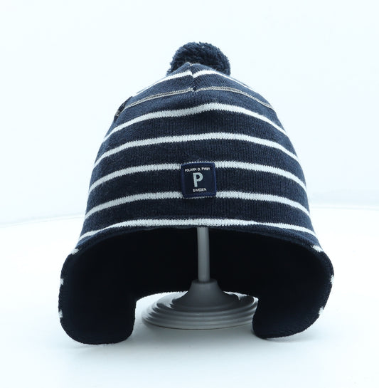 Polarn O. Pyret Boys Blue Striped Acrylic Bobble Hat Size S - UK Size 2-9 Years