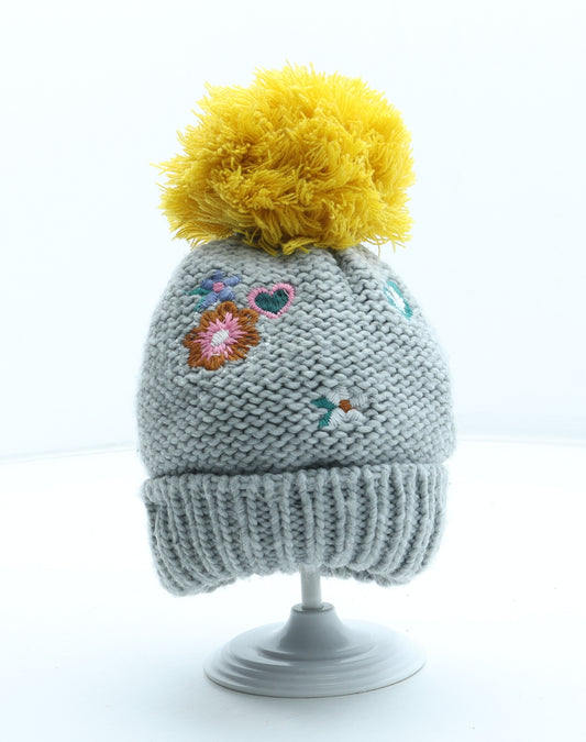 George Girls Grey Floral Acrylic Bobble Hat One Size