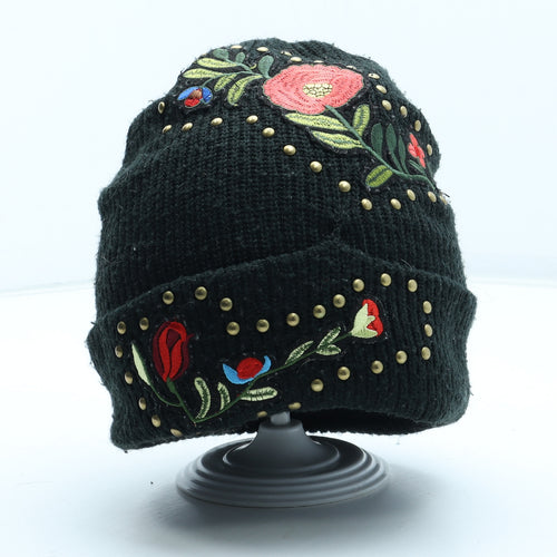 Topshop Womens Black Floral Acrylic Beanie One Size