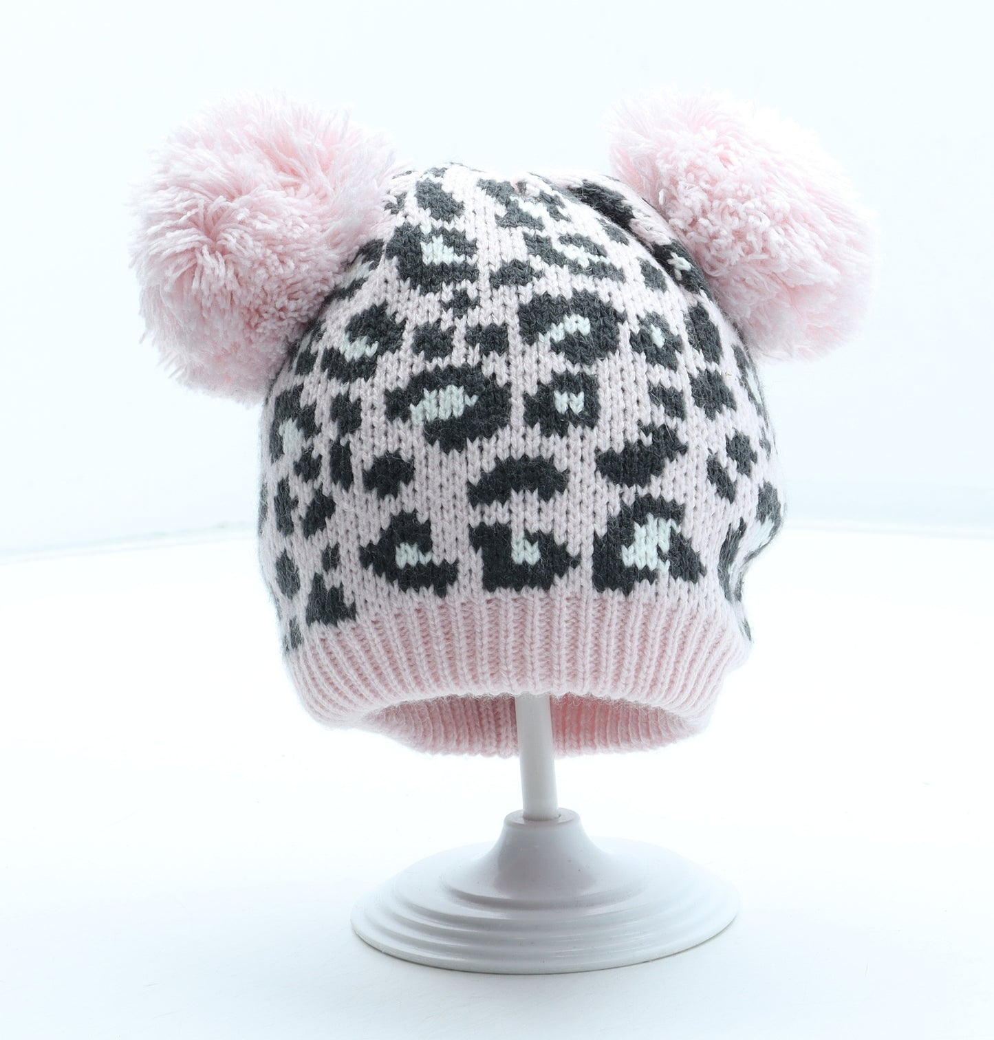 F&F Girls Pink Animal Print Acrylic Bobble Hat Size S - Leopard Pattern UK Size 12-24 Months