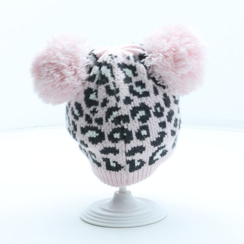 F&F Girls Pink Animal Print Acrylic Bobble Hat Size S - Leopard Pattern UK Size 12-24 Months