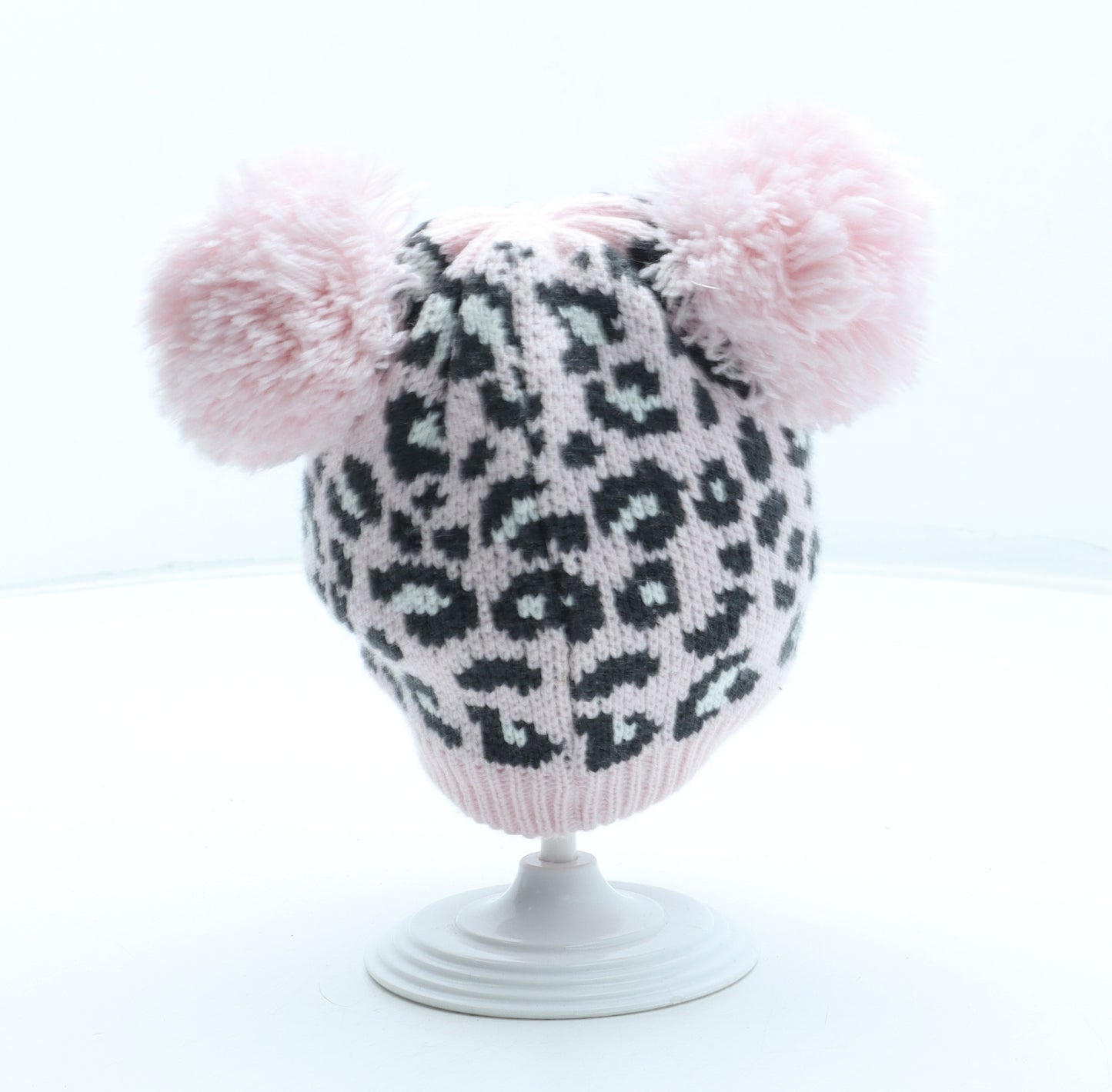 F&F Girls Pink Animal Print Acrylic Bobble Hat Size S - Leopard Pattern UK Size 12-24 Months