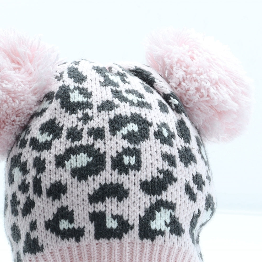 F&F Girls Pink Animal Print Acrylic Bobble Hat Size S - Leopard Pattern UK Size 12-24 Months