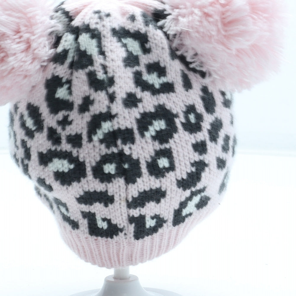 F&F Girls Pink Animal Print Acrylic Bobble Hat Size S - Leopard Pattern UK Size 12-24 Months