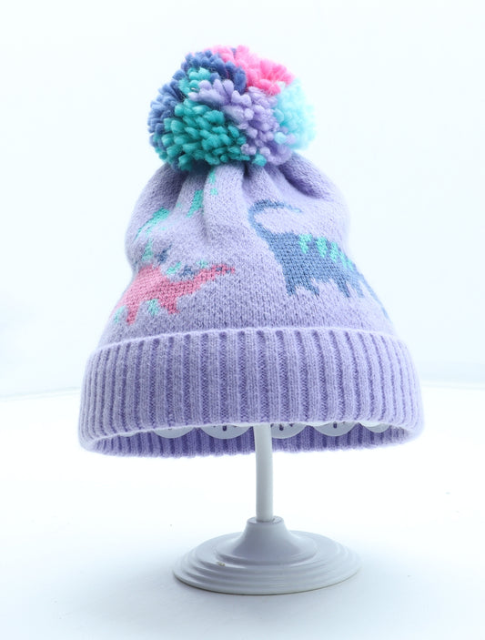 Marks and Spencer Girls Purple Geometric Acrylic Bobble Hat Size S - Dinosaur Pattern UK Size 18-36 Months