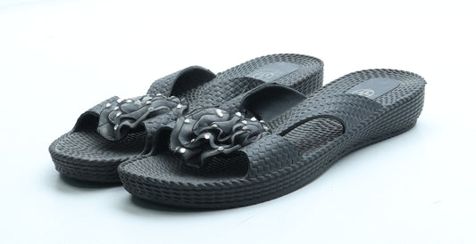 Preworn Womens Black Rubber Slip On Sandal UK - Flower Detail
