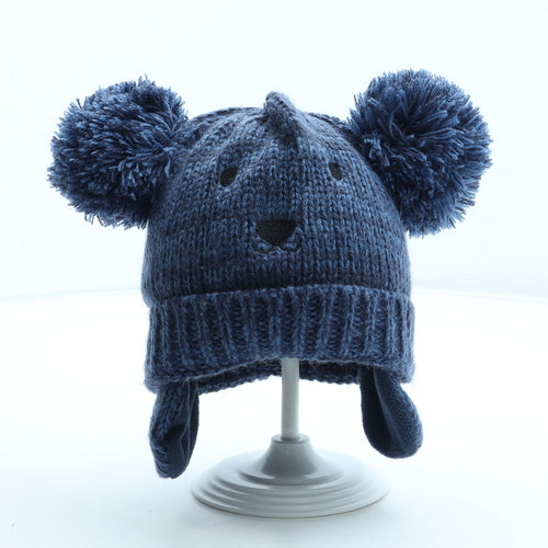 Preworn Boys Blue Acrylic Bobble Hat Size S - Bear