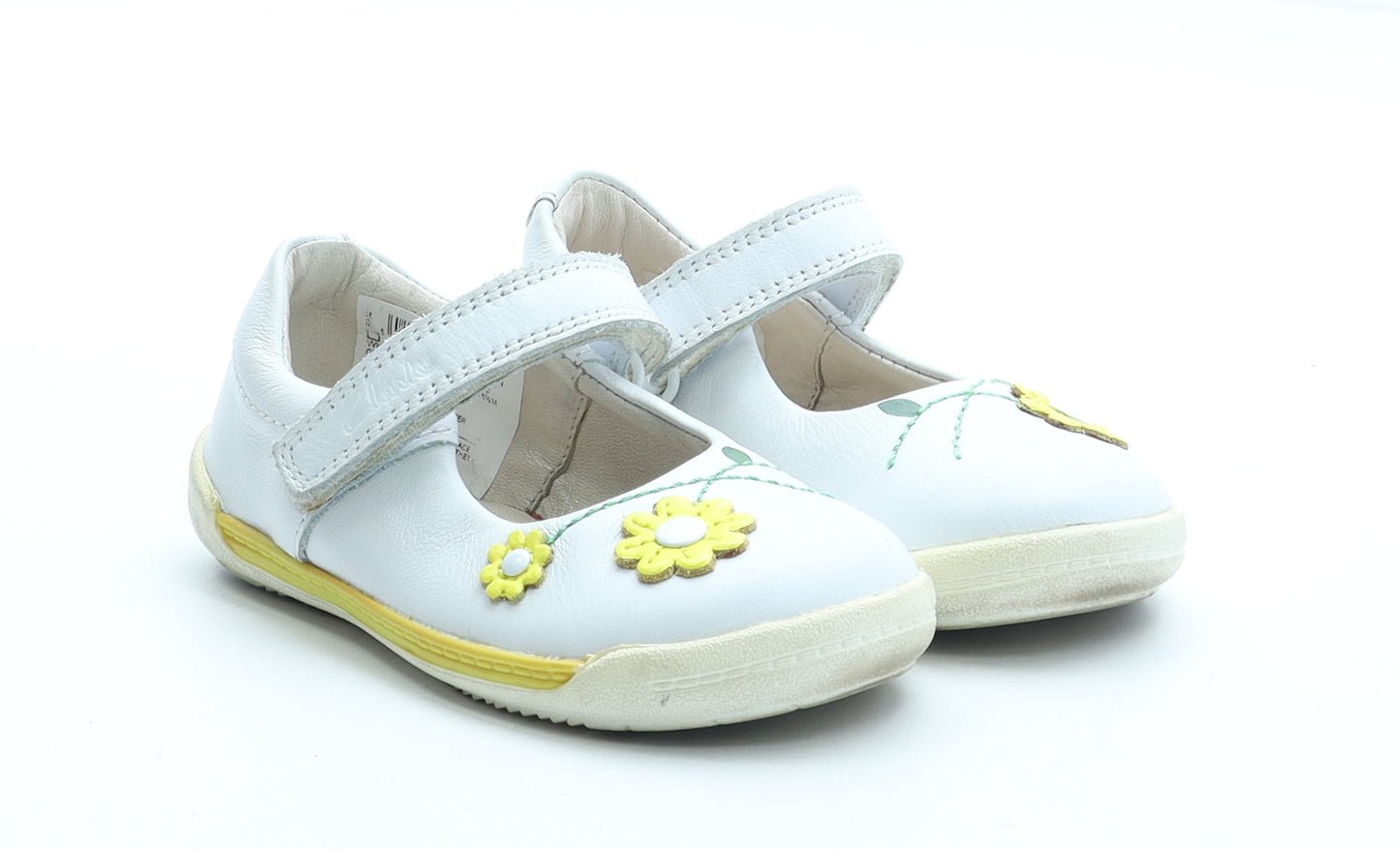 Clarks Girls White Leather Slip On Casual UK 5 - Flower Detail