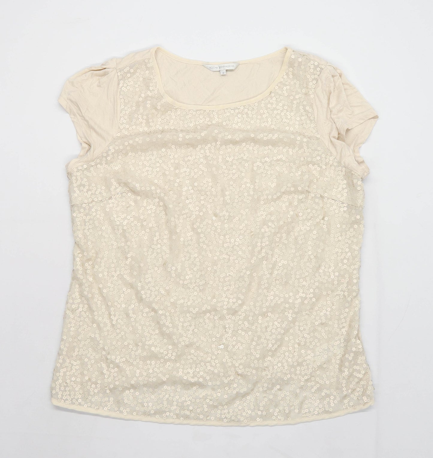 Rocha John Rocha Womens Size 18 Floral Beige Sequined T-Shirt (Regular)