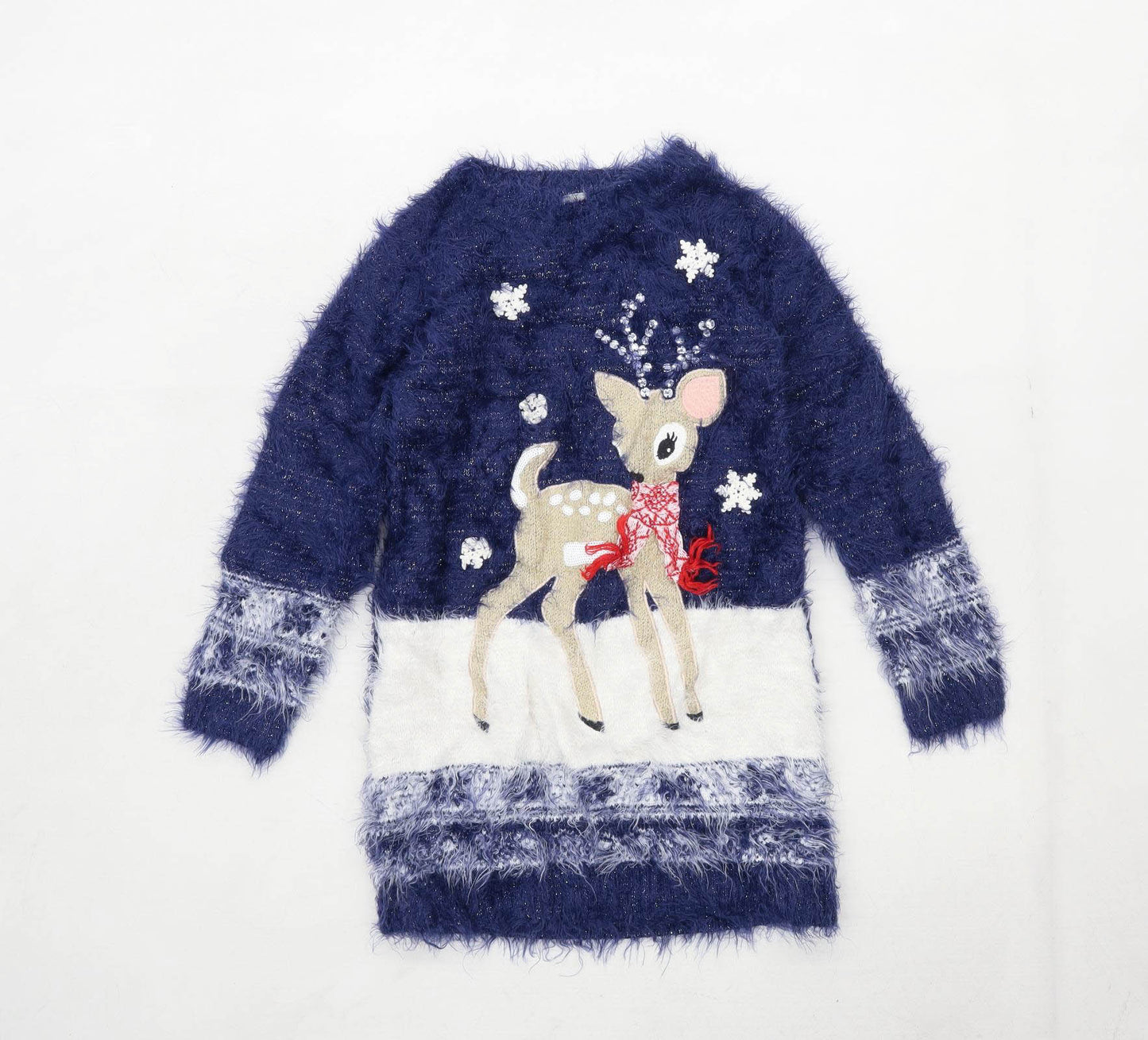 TU Girls Abstract Blue Christmas Reindeer Jumper Age 7 Years
