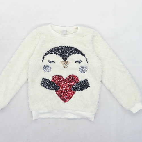 TU Girls Cream Sequin Penguin Sweatshirt Age 7 Years