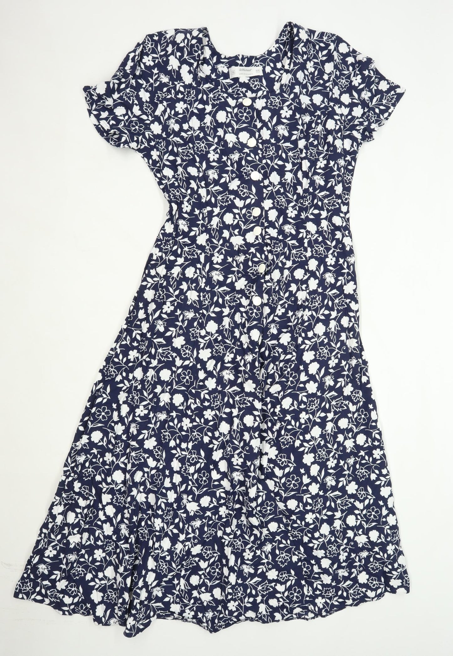 St Michael Womens Size 16 Floral Cotton Blue Maxi Dress (Regular)