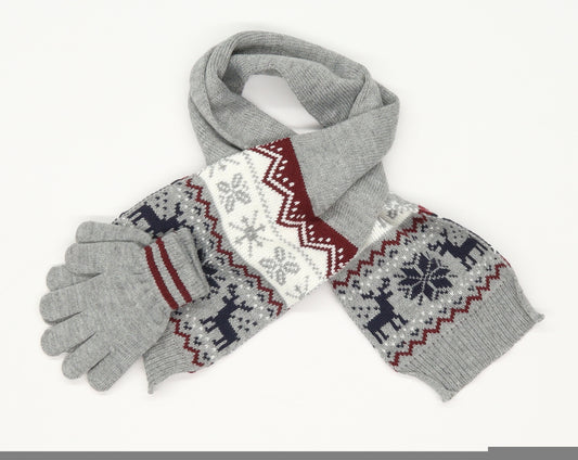 Tofs Boys Grey Fair Isle Knit Scarf  Size Regular  - Gloves included