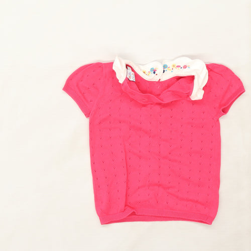 Mini Club Girls Pink Floral Knit Pullover Jumper Size 3-4 Years  - embroidered neckline