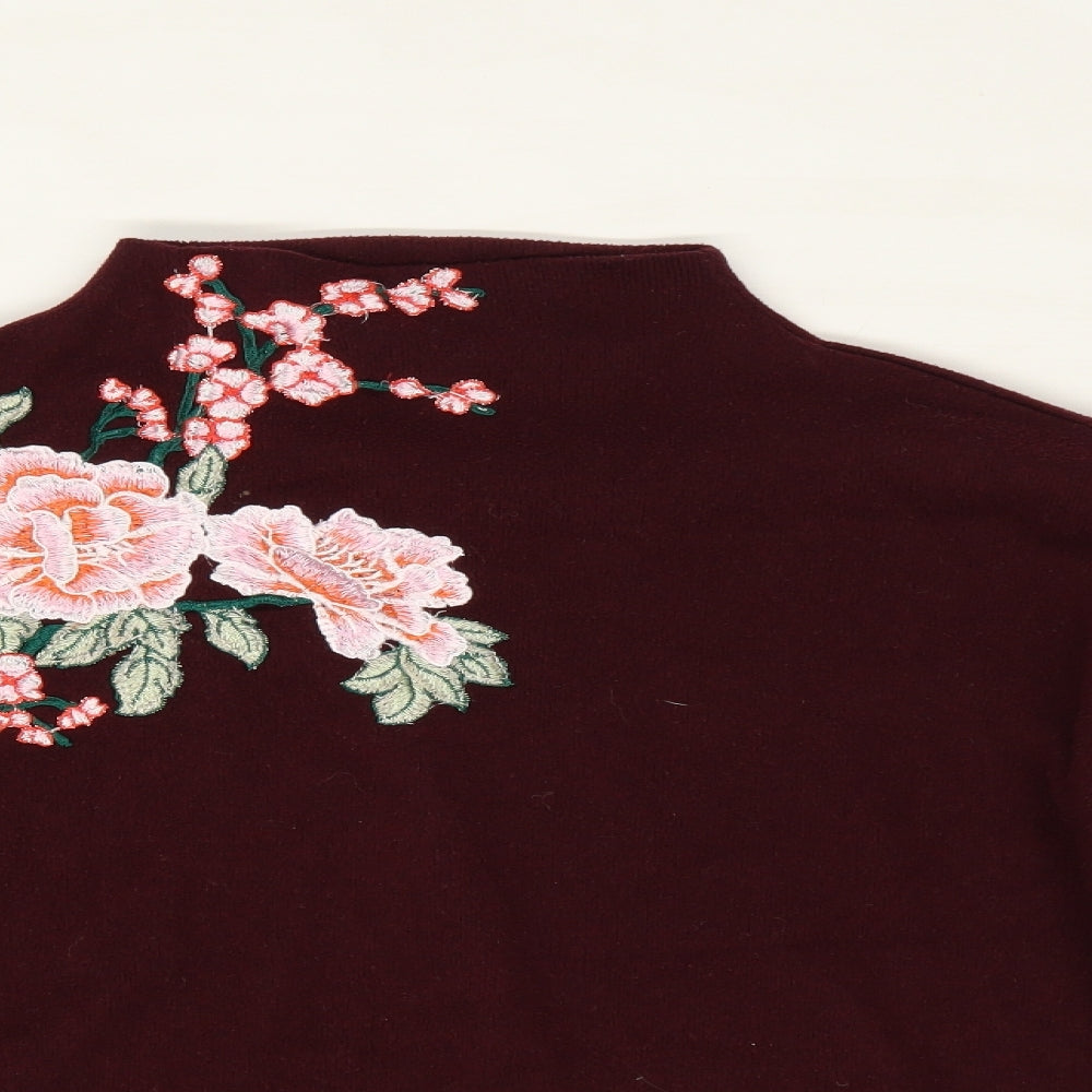 New Look Womens Red Floral Fleece Pullover Jumper Size S  - Embroidered Floral