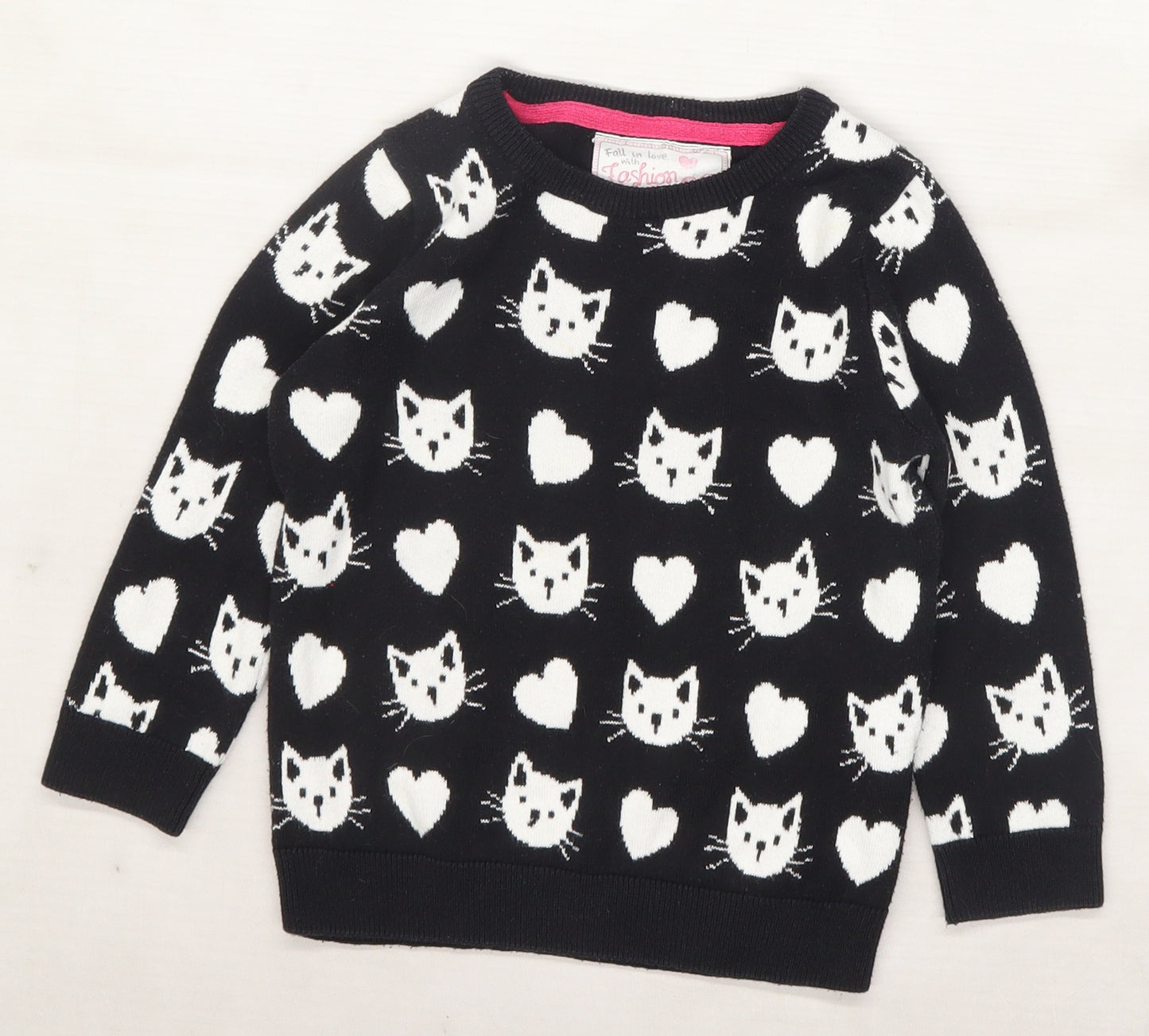 Young Dimension Girls Black Geometric Knit Pullover Jumper Size 2-3 Years  - Hearts Cats