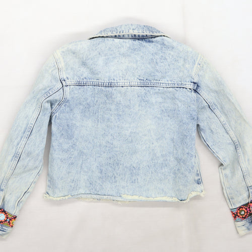 River Island Girls Blue  Denim Jacket  Size 9-10 Years  - Pattern on front and wrists of jacket