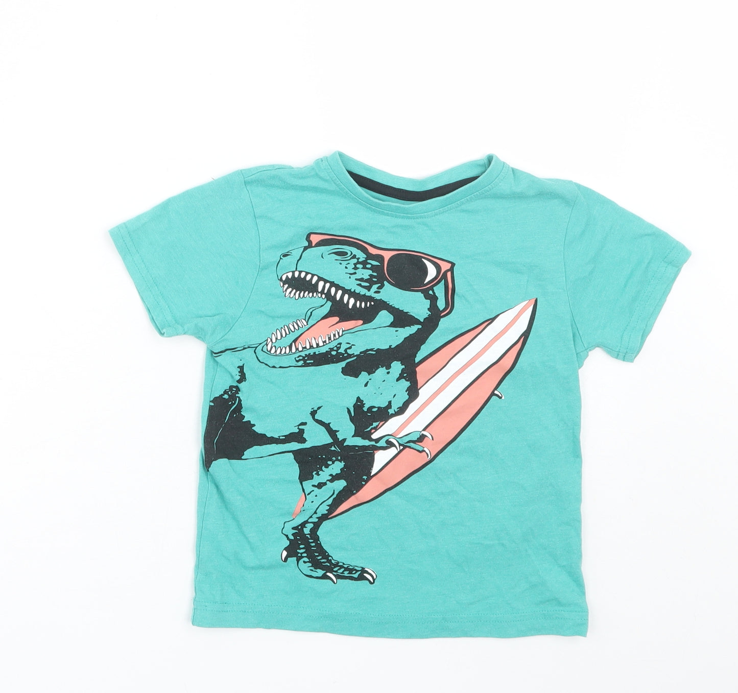 Primark Boys Green  Cotton Basic T-Shirt Size 4-5 Years Round Neck  - Dinosaur