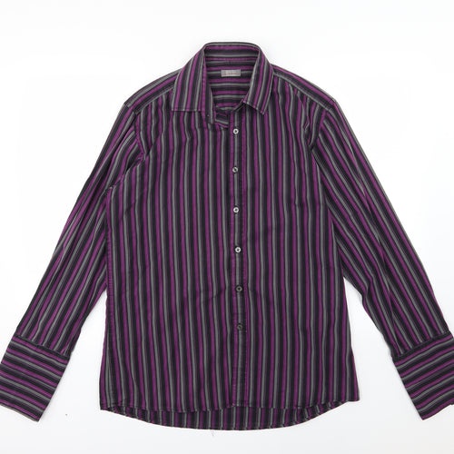 Jeff Banks Mens Purple Striped Woven  Dress Shirt Size 16