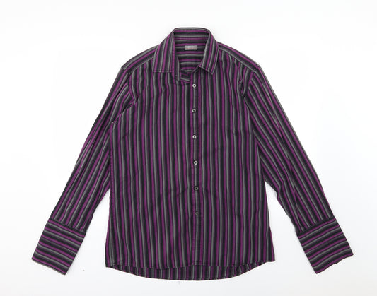 Jeff Banks Mens Purple Striped Woven  Dress Shirt Size 16