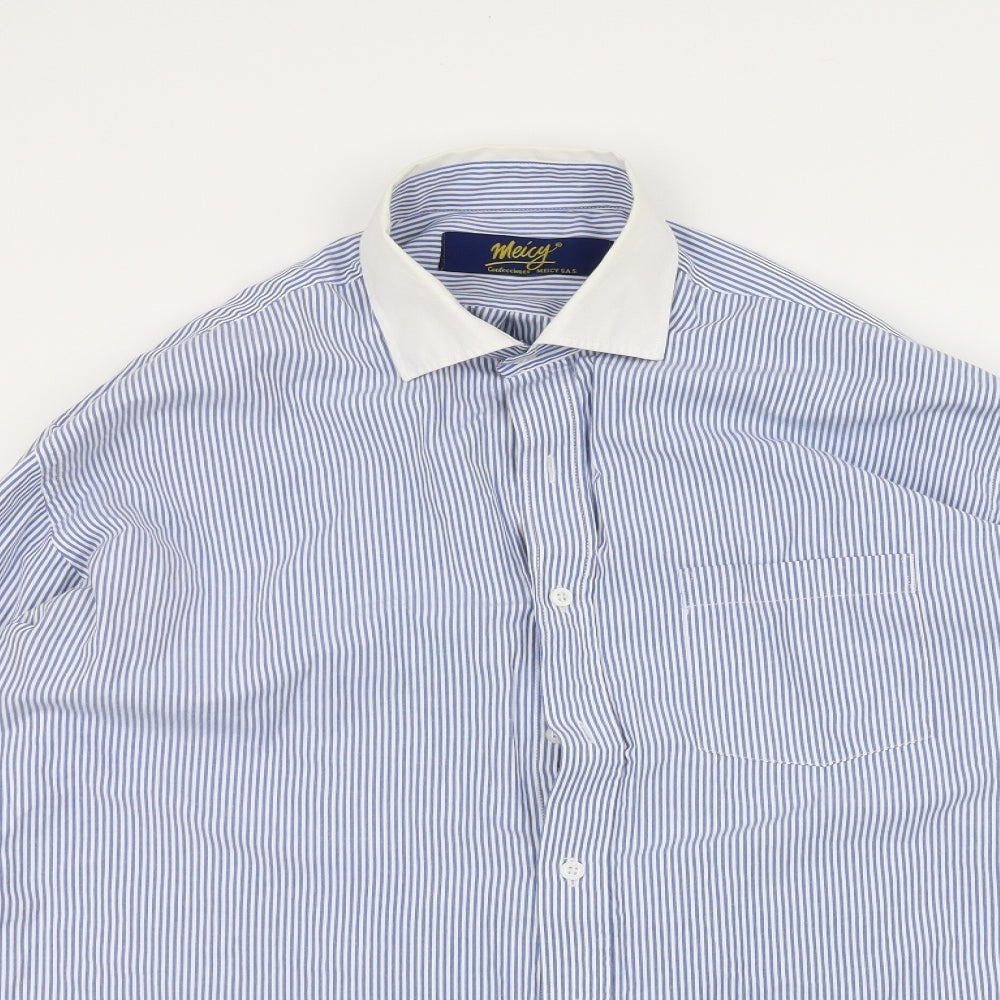 meicy Mens Blue Striped   Dress Shirt Size L