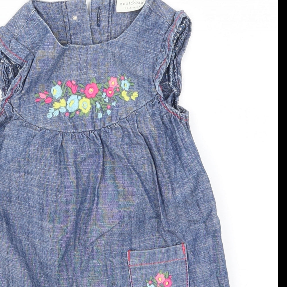NEXT Girls Blue Floral Denim Romper One-Piece Size 6-9 Months