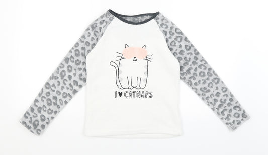 Primark Girls White Animal Print  Top Pyjama Top Size 8-9 Years  - Cat Nap