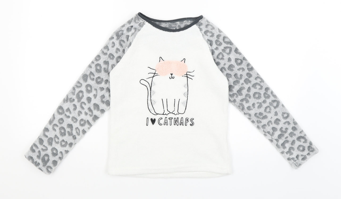 Primark Girls White Animal Print  Top Pyjama Top Size 8-9 Years  - Cat Nap