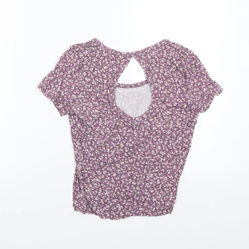 Garage Womens Purple Floral Canvas Basic T-Shirt Size S