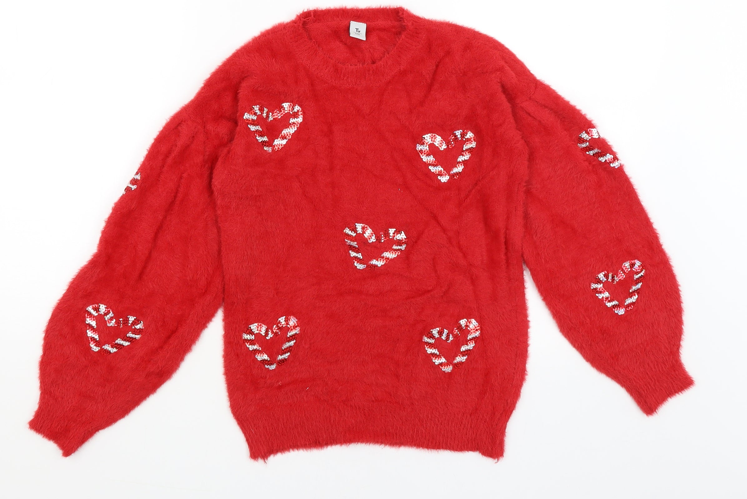 TU Girls Red Pullover Jumper Size 10 Years Candy Cane Hearts Preworn Ltd