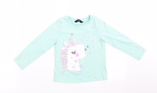 George Girls Green Animal Print   Pyjama Top Size 3-4 Years  - Unicorn Print with Glitter