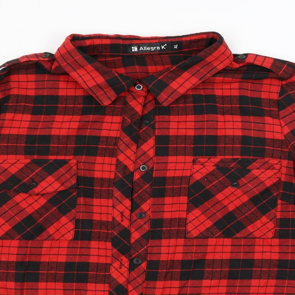 Allegra K Womens Red Check  Basic Button-Up Size XL